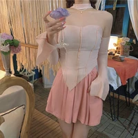 skirt summer new womens slim backless top girl casual half length hakama pink two piece trendy sexy collocation