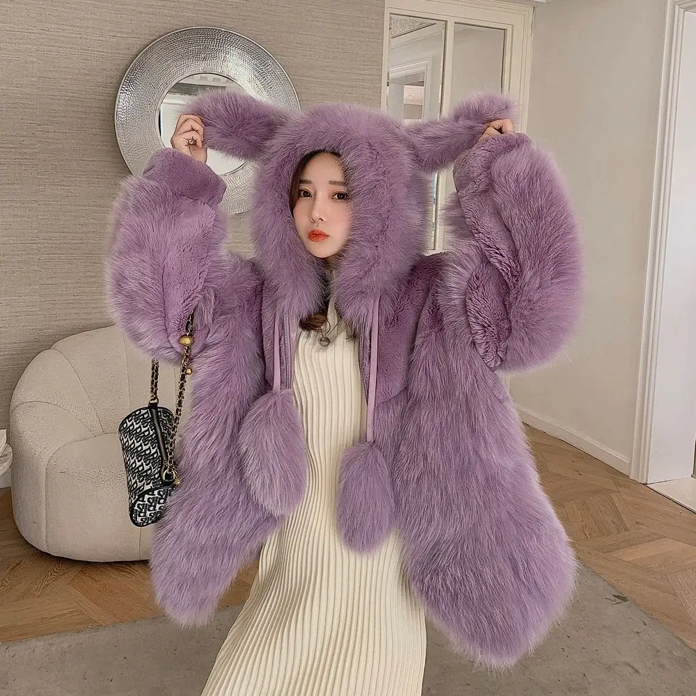 y2k faux fox fur coat female hooded otter rabbit loose cute ladies winter coat net red white purple khaki XL fur coat female