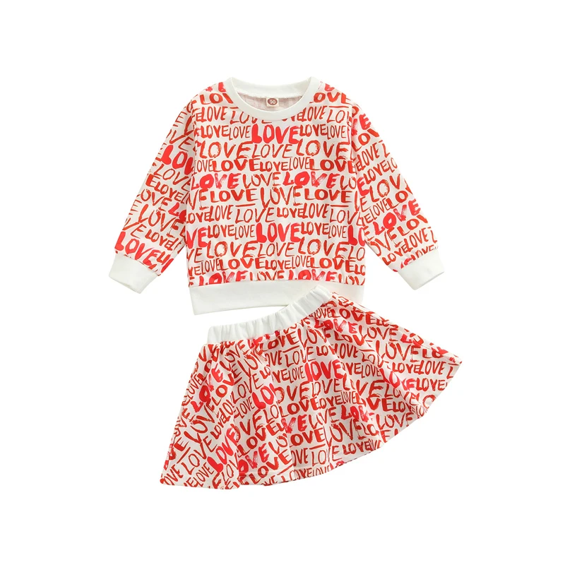 

2 шт., наряды на День святого Валентина для девочек, топы с длинным рукавом и надписью Love + мини-юбка