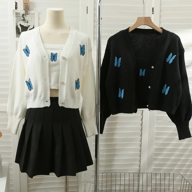

Женский трикотажный кардиган с принтом бабочек, однобортный Кардиган с длинным рукавом и майка Y2k