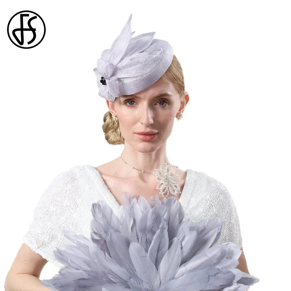 FS Gray Sinamay Beret Elegant Retro British Top Hats For Women Flower Luxury Banquet Millinery Wedding Bridal Church Cap 2023