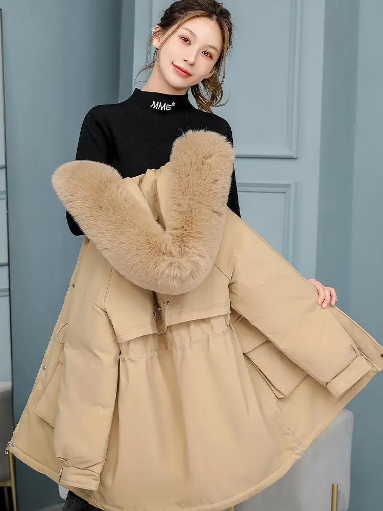 Vielleicht 2023 New Winter Fur Hooded Long Sleeve Jacket Women Solid Color Cotton-padded Warm Loose Parkas Coat Fashion Outwear