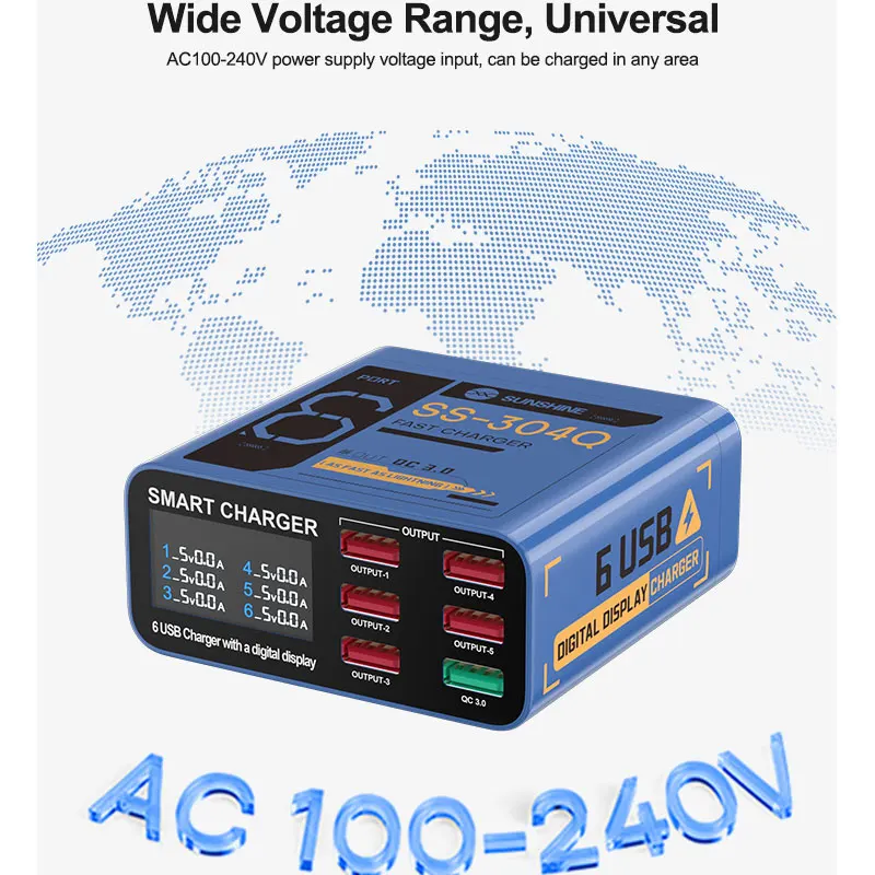 SUNSHINE SS-304Q 6-портовый USB-цифровой дисплей Быстрая зарядка QC3.0 Совместимость с