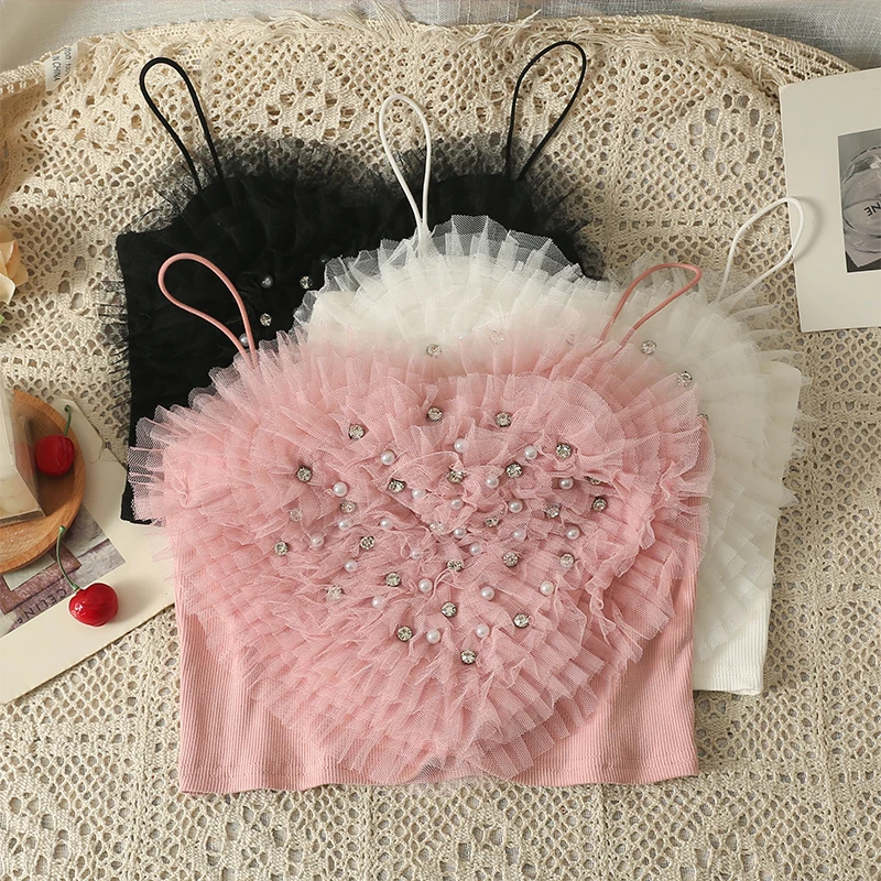 

Женский летний топ Y2k 2023, привлекательные топы на бретелях-спагетти, шикарный кружевной Вязаный топ с бисером на груди, розовый, черный, белый топ