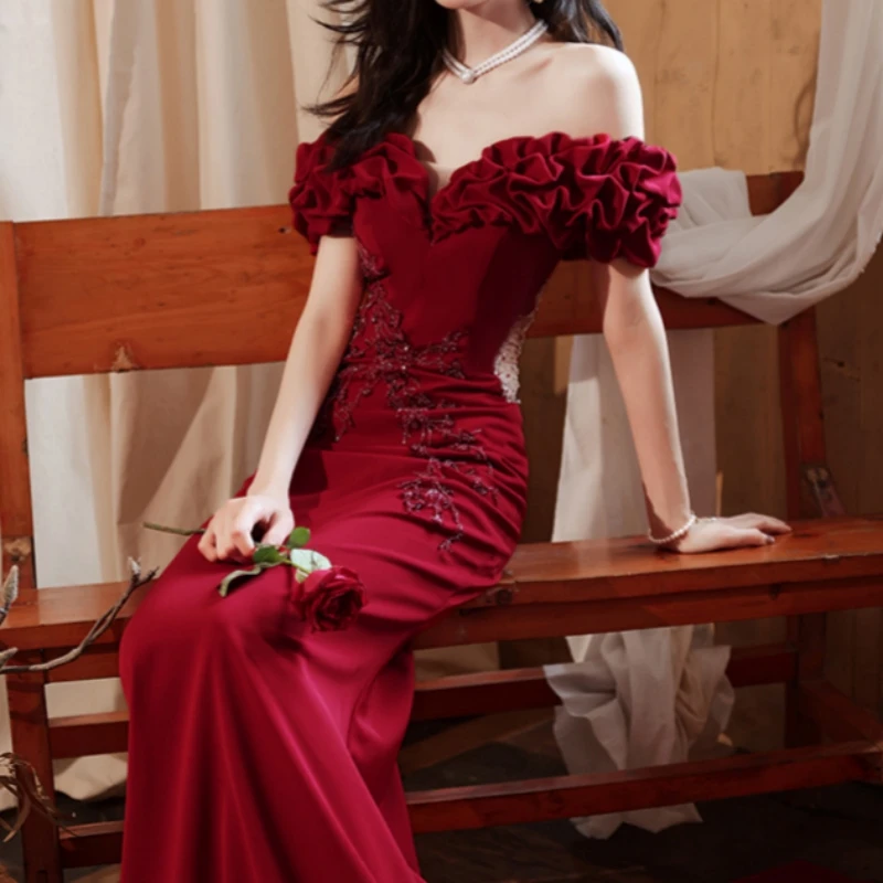 

Женское вечернее платье-Русалка Ashely Alsa, винно-красное платье с рукавами-крылышками и оборками, длинное платье для свадебной вечеринки и выпускного вечера