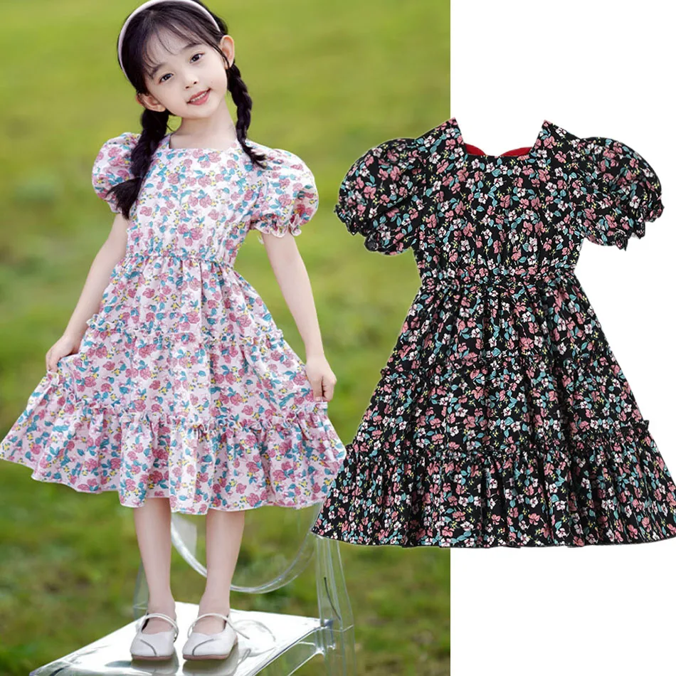 

Girl Floral Dress Kids Fashion Black Pleated Skirt Baby Girl Princess Dress Children Birthday Party Costumes 3-10 Years Old