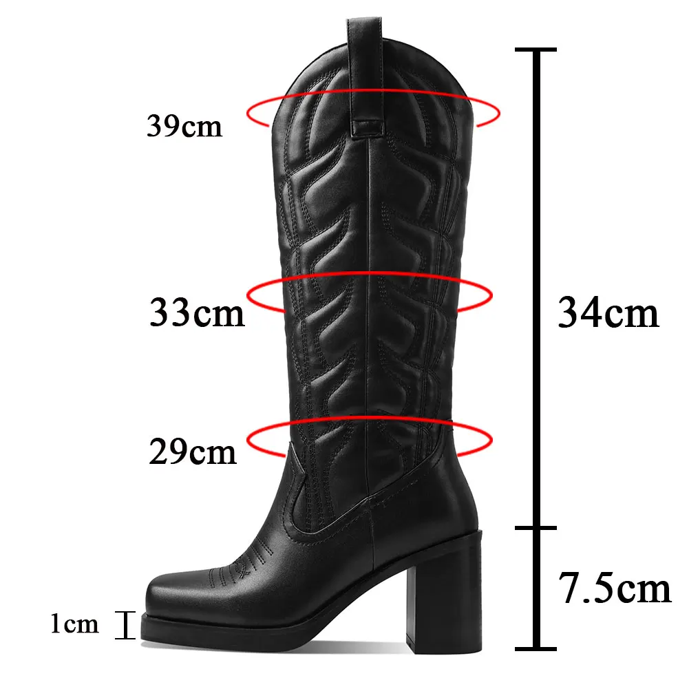 Platform Chunky Western Mid Calf Women's Boots High Heels Embroidered Square Toe Pull On Fashion Cowgirl Cowboy Boots Female