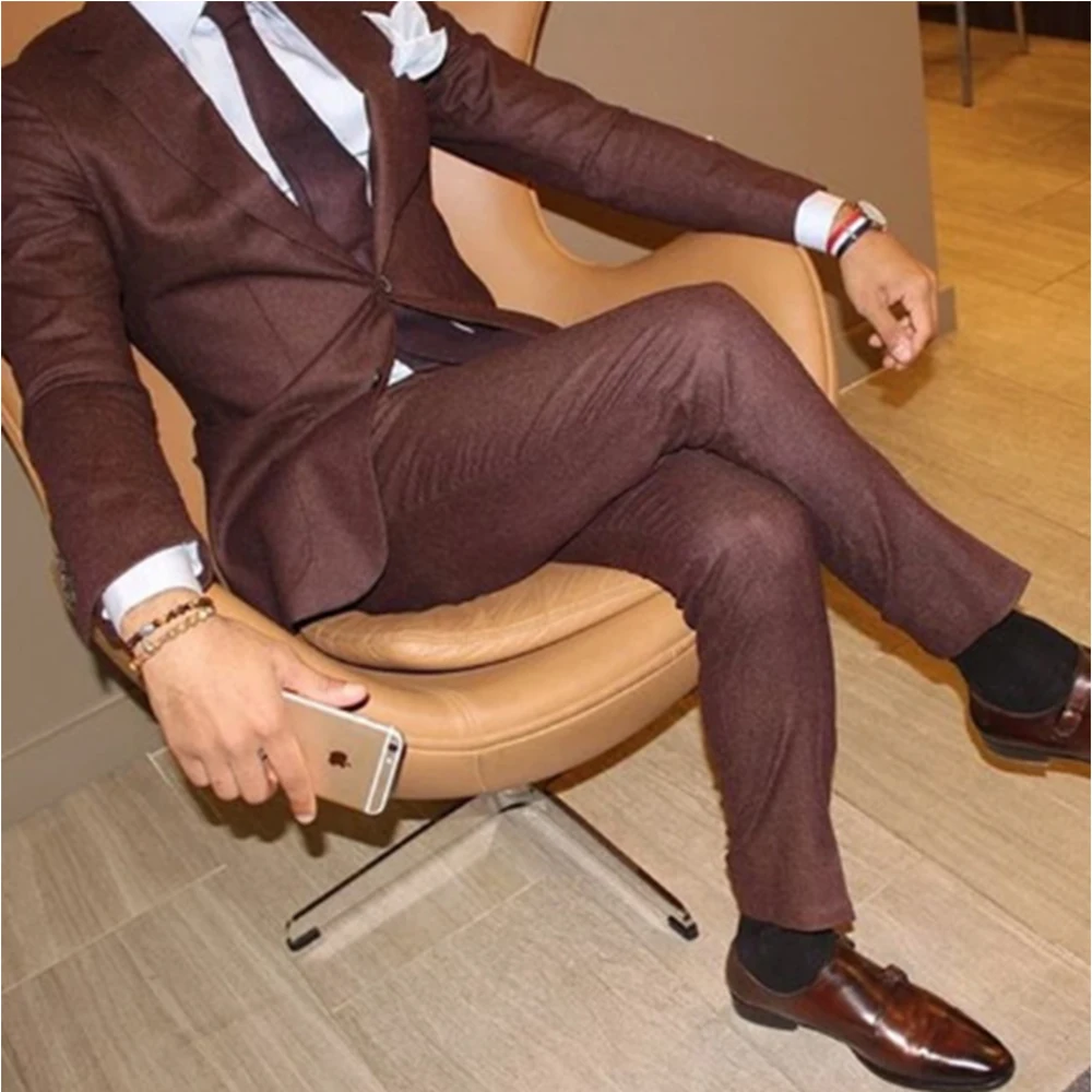 2 Pieces 2022 New Arrival Two Button Brown Men Suits Street Wedding Tuxdeo (Jacket + Pants + Tie) terno Masculino Blazer