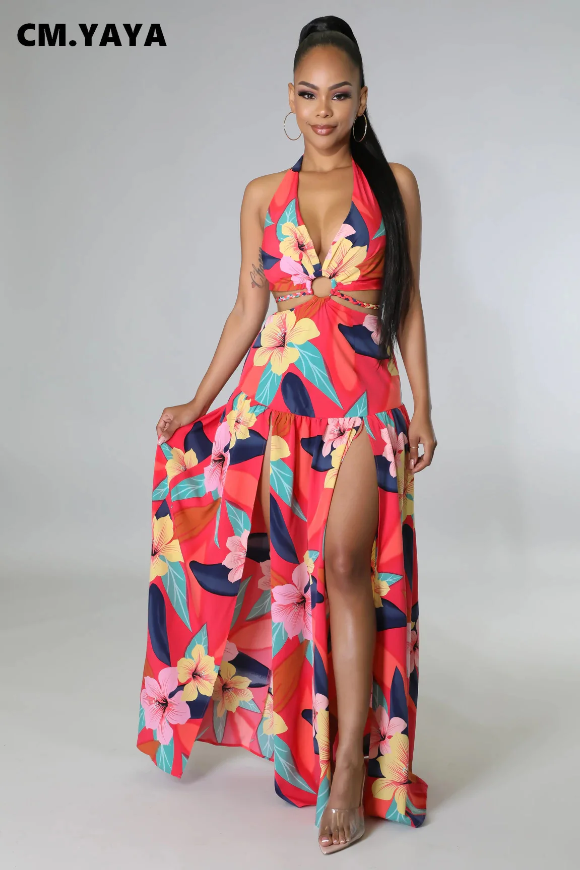 Женское длинное платье макси CM.YAYA элегантное Цветочное с воротником-халтером