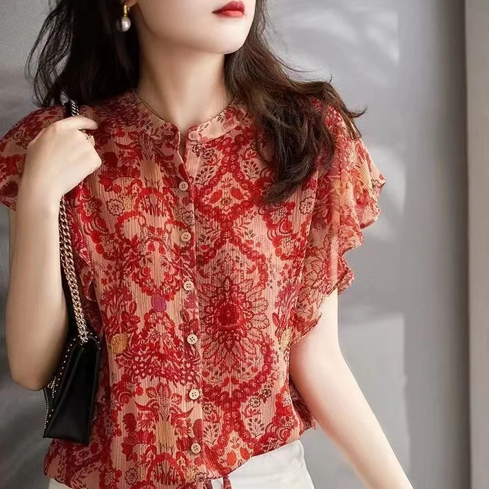 

여름 여성 프릴 플라워 반팔 블라우스 B209