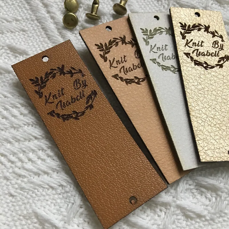 

30pcs Leather tags for handmade items Customize clothes knitting labels with logo text Folding crochet garment label with rivet