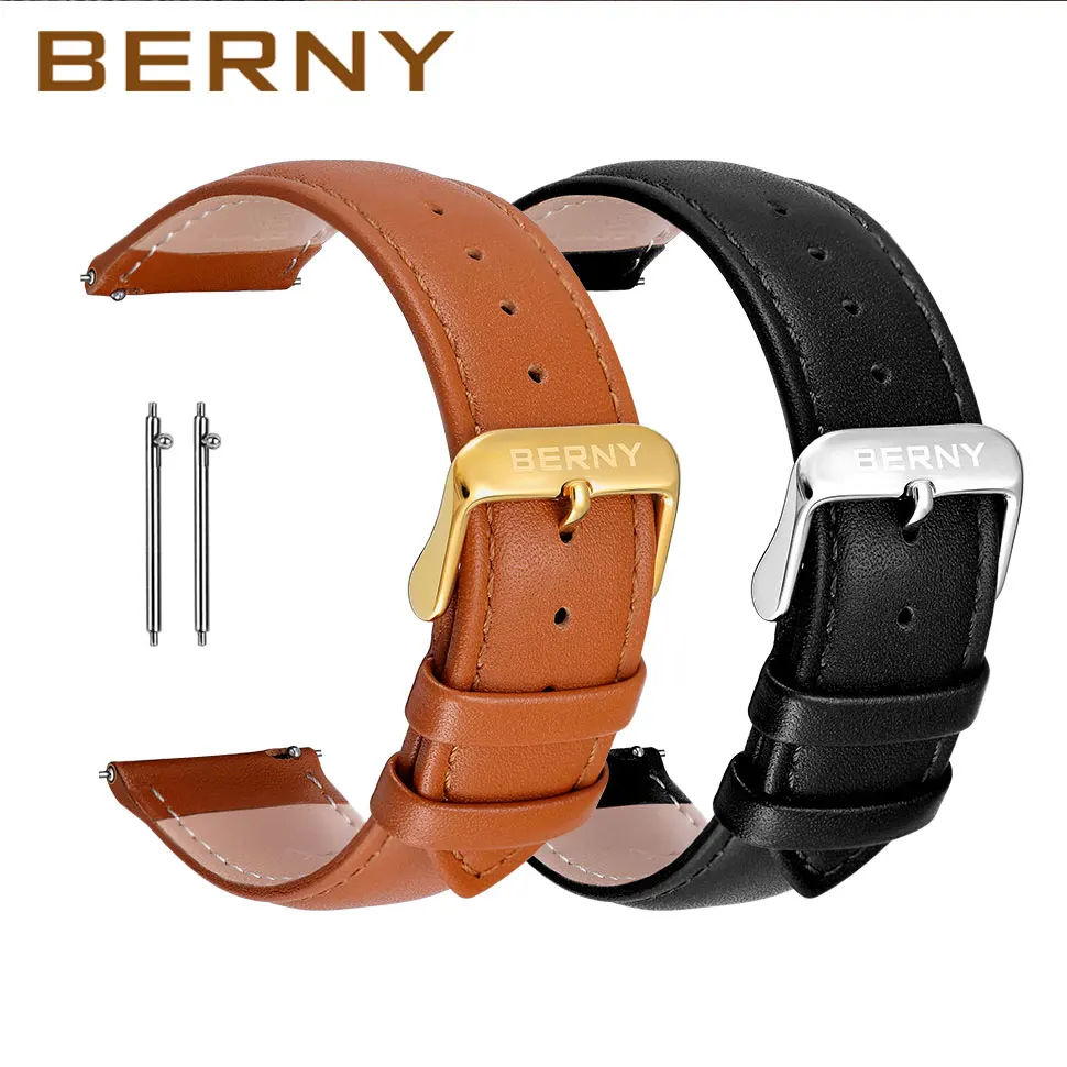 

BERNY 100% Genuine Leather Watchbands 14/16/18/20/22mm Pin Grain Watch Strap Hygrosscopic and Breathable High Quality Watchbands