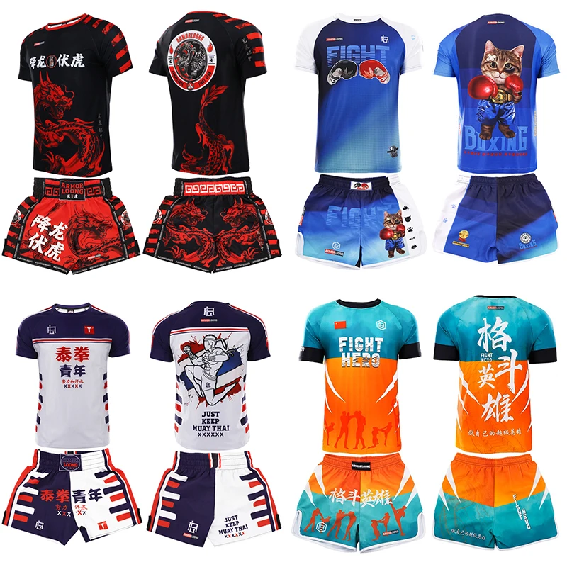 

Muay Thai Boxing Shorts MMA Rashguard Men Women Fight Kickboxing Shorts BJJ T Shirt Fitness Gym Martial Arts Training Uniform