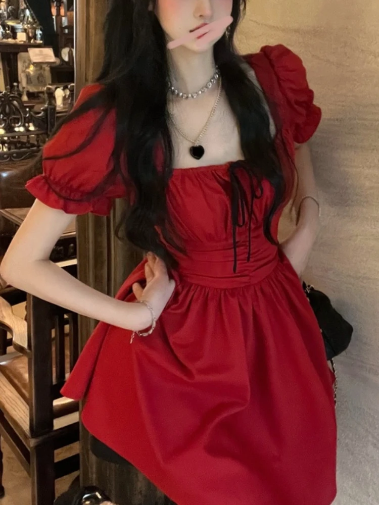 

Red Even Party Dress Women Casual Short Sleeve Kawaii Lolita Mini Dress Female 2022 Autumn Elegant Vintage Dress Korean Fashion