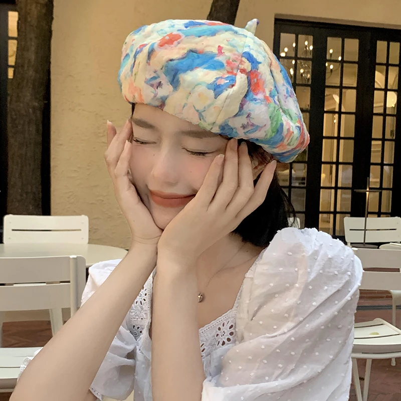 

Artistic Tie-dye Seersucker Berets for Women Summer Korean Version Niche Show Face Small Bud Painter Hat Retro Big Head Beret