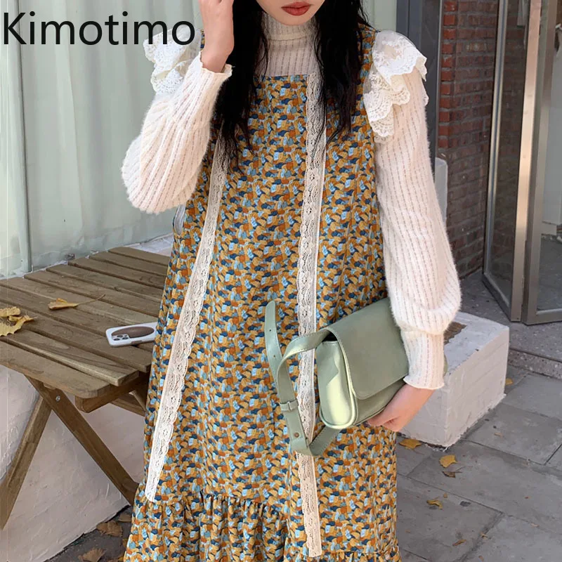 

Kimotimo Sweet Dress Sets Women Korean Chic Age Reduction High Collar Lace Shirt + Floral Ruffles Long Strap Dresses 2 Piece Set