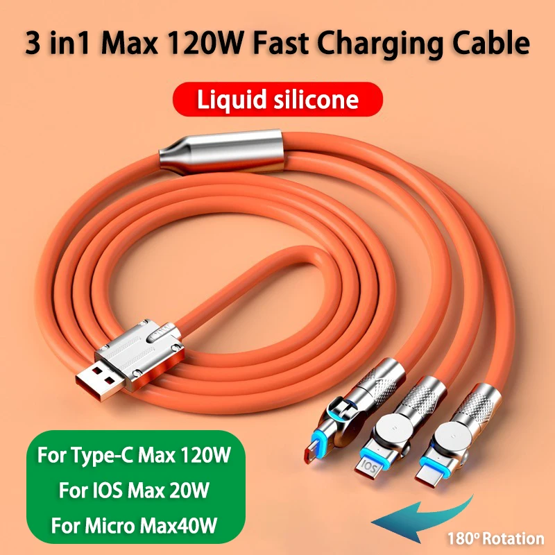 

3 in 1 120W Fast Charging Micro USB Type C Cable For iPhone Xiaomi Redmi Samsung Charger Liquid Silicone Elbow Cable for Game