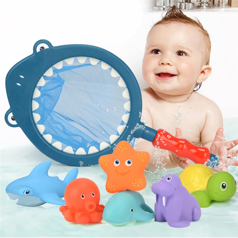 

7PCS/Sets Fishing Toys Network Bag Pick Up Duck Fish Kids Toy Swimming Classes Summer Play Water Bath Doll Water Spray Bath Toys