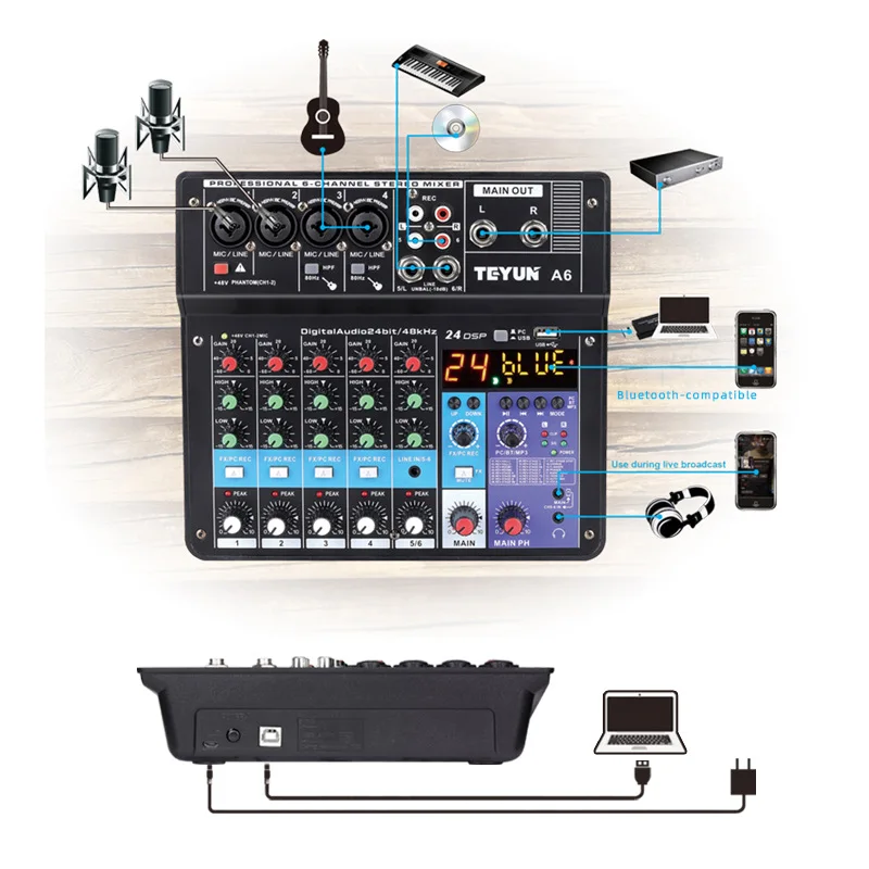 TEYUN Dj Controller Mixer Sound 6 - Way Audio Pro Equipment Mixing Console Professional Portable Video Consumer Electronics |