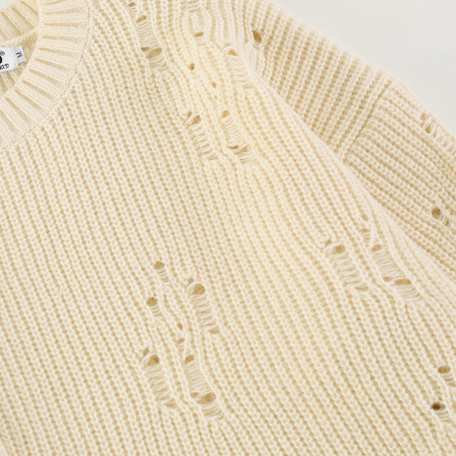 Свитер оверсайз в стиле хип-хоп черный бежевый свободный вязаный джемпер уличная