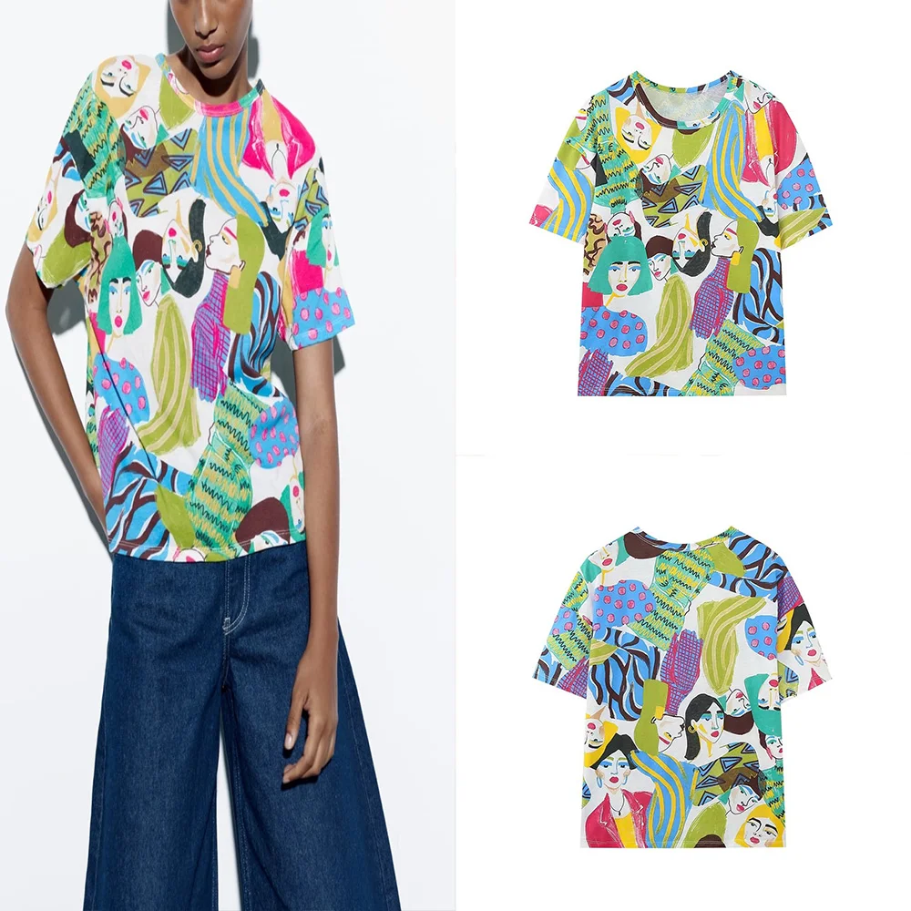 

PB&ZA Summer New Women's Fashion Round Neck Casual Hundred Printed Street Style Short Sleeve T-Shirt 0264380