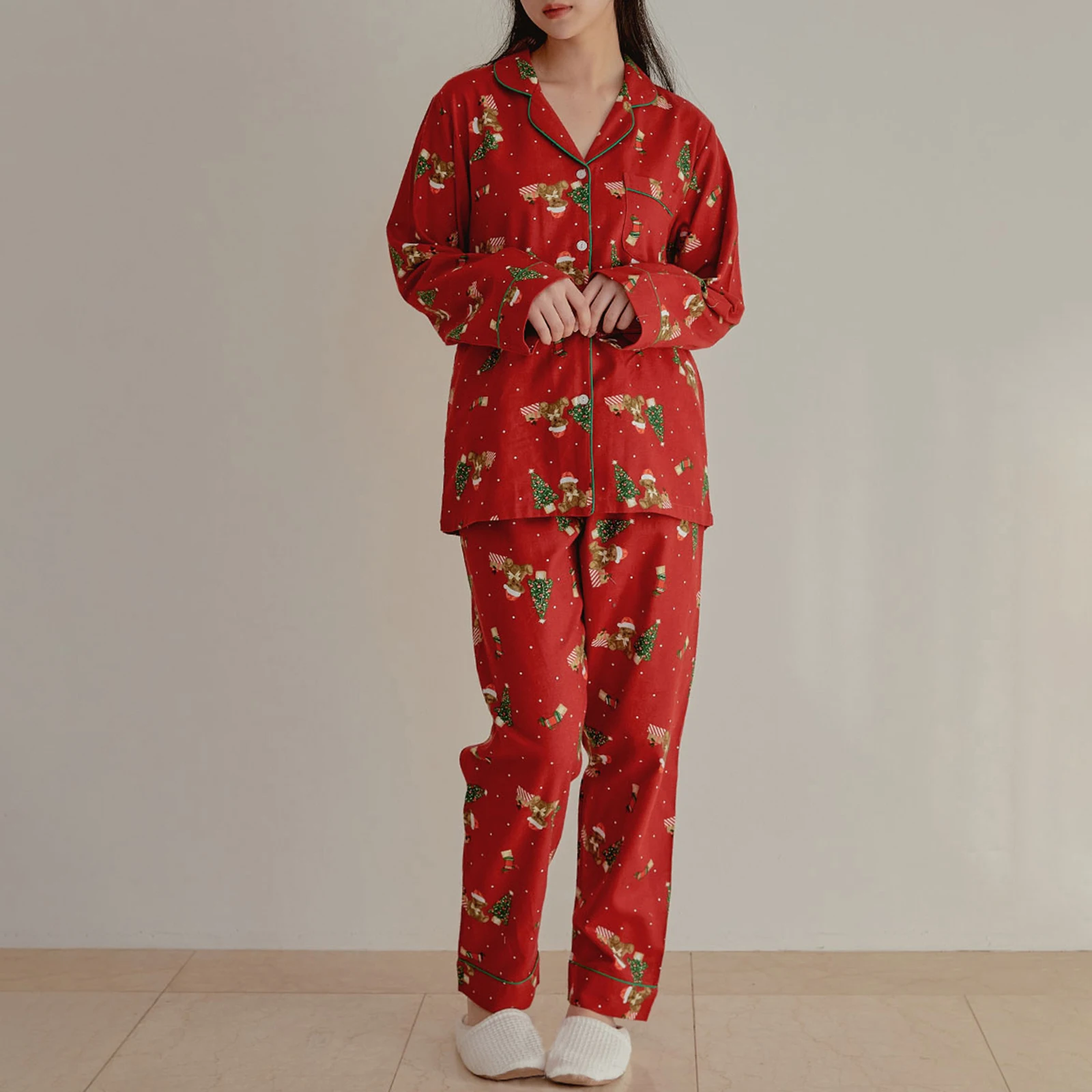 Hirigin Women Christmas Pajama Set Tree Bear Print Long Sleeve Shirt with Pants Two Piece Sleepwear Loungewear