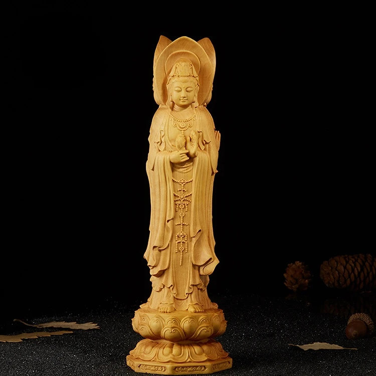 

Guanyin Statue Wood Carving Home Decor Buddhism Figurines Three-sided Buddha Statue Wooden Sculpture Home Decoration