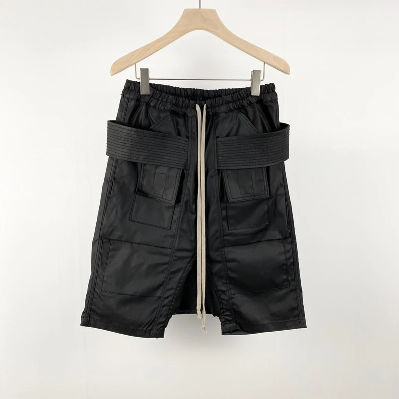 High Street Brand Rick Men Classic Wax Cloth Black Shorts Streetwear Owens Pants Cargo Knee Length Sweatpants for Men