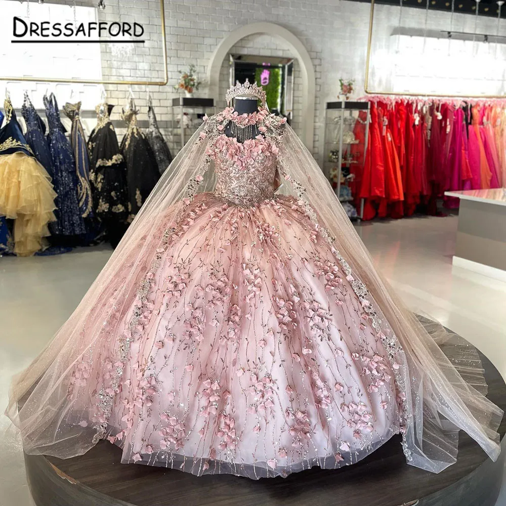 

Mexican Vestido De 15 Anos Pink Charro Quinceanera Dresses with Cloak Lace Applqiued Corset Sweet 16 Dress Abiti Da Cerimonia