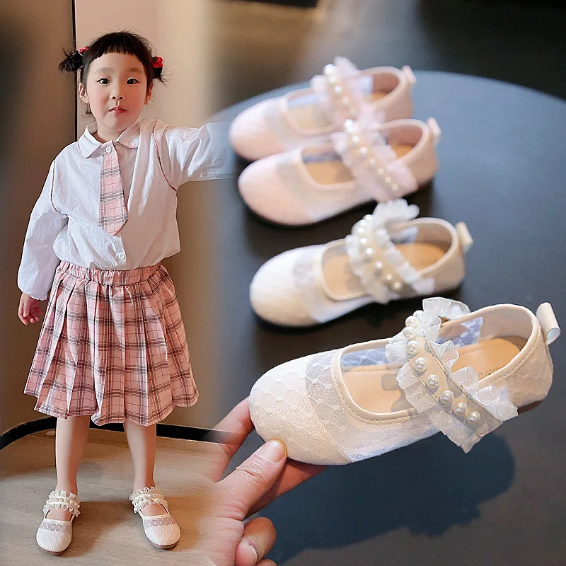 

Sweet Lace Pearl Princess Shoes 2022 Girls Casual Flat Children Fashion Dance Performance Mary Jane Soft Ballet Flats Mary Janes