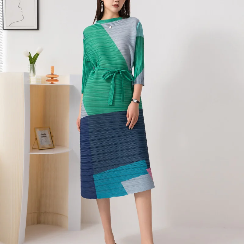 

Fashion Dress One-line Print Collar Lace Up Thin Pleated Loose Fit Women Autumn 2023 New Vintage Robe Vestido Soft ZZ219