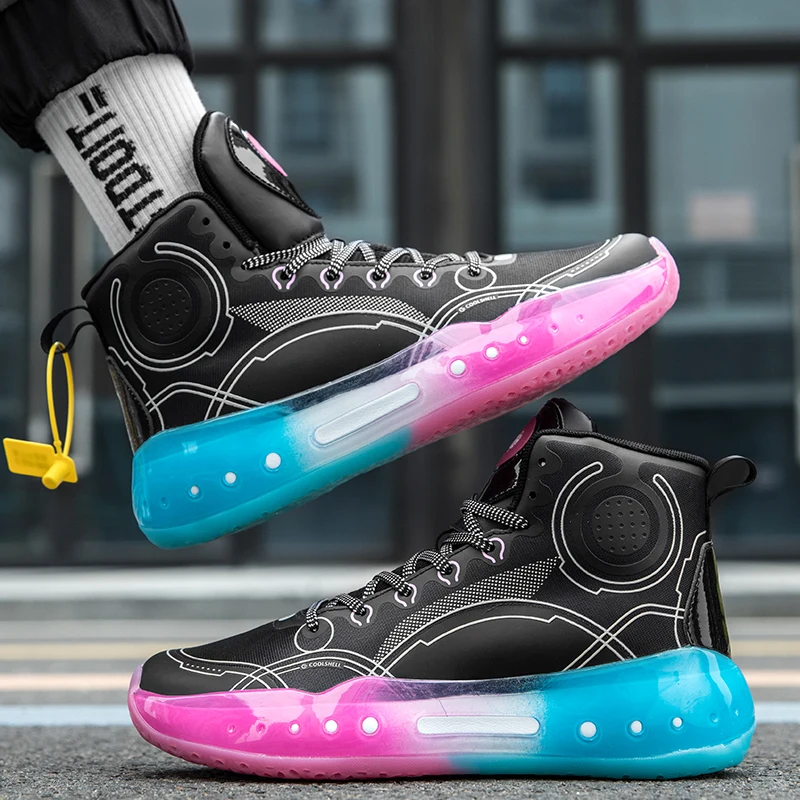 Couple Fashion Dazzling Fluorescent Multi-material Stitching High-top Cool Street Fighter Soft Basketball Shoes Large Size 36-45