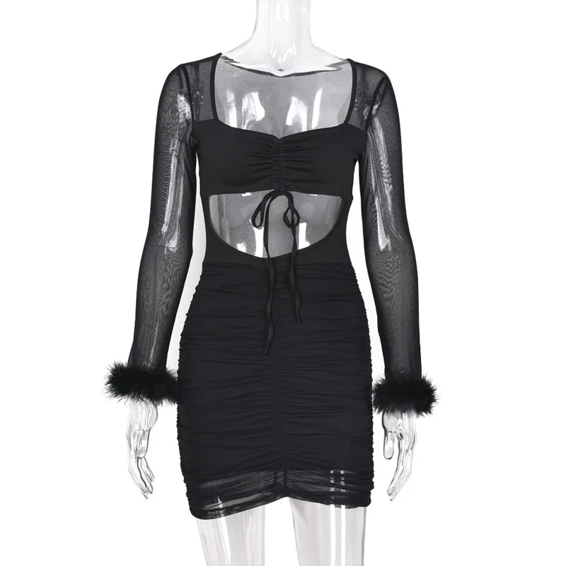 

#3640 Mesh Long Sleeve Party Dress Sequare Collar Thin Sexy Hollow Out Mini Dress Female Perspective Bodycon Dress Drawstring