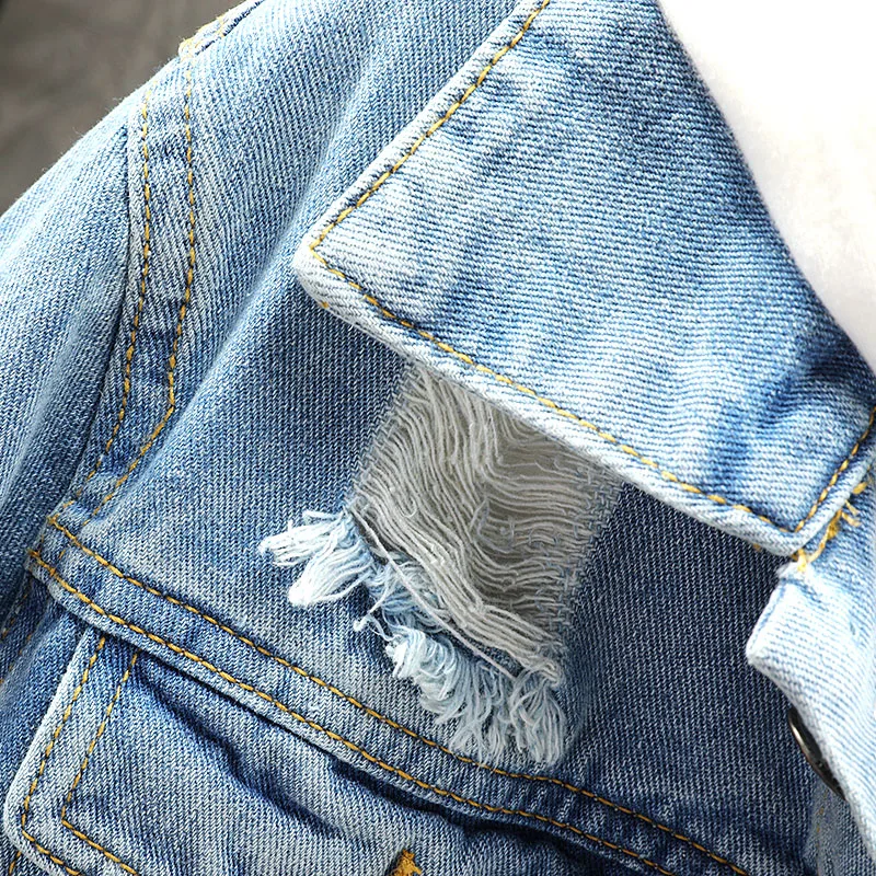 Куртка мужская джинсовая контрастная модная свободная рваная куртка-бомбер с