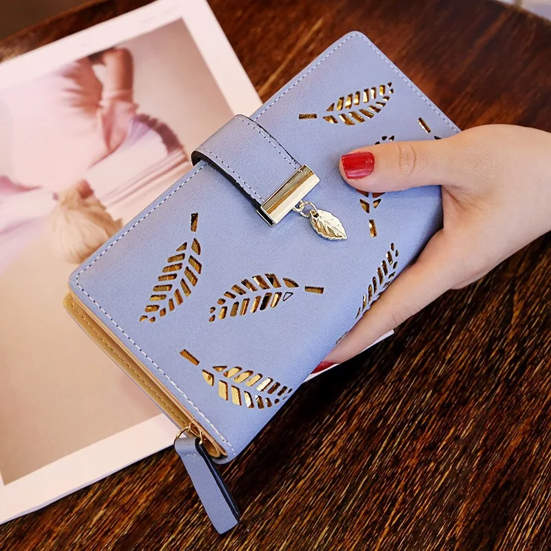 

Women Girls Wallet Hollow Golden Leaf Buckle Wallet PU Leather Purse Female Long Wallet for Women Coin Purse Card Holders Clutch