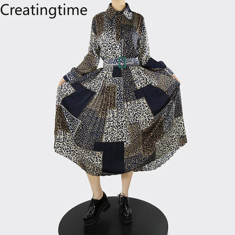 

Creatingtime 2022 Spring New Fashion Tide Women's French Casual Retro Leopard Printting Lapel Patchwork High Waist Dress GA302