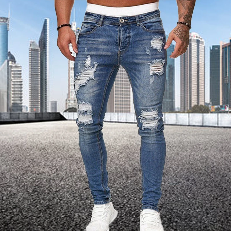Ripped Skinny Jeans Men Fashion Streetwear Pants Pantalones Hombre Casual Black Slim Fit Denim Trousers Blue Jean Homme S-3XL