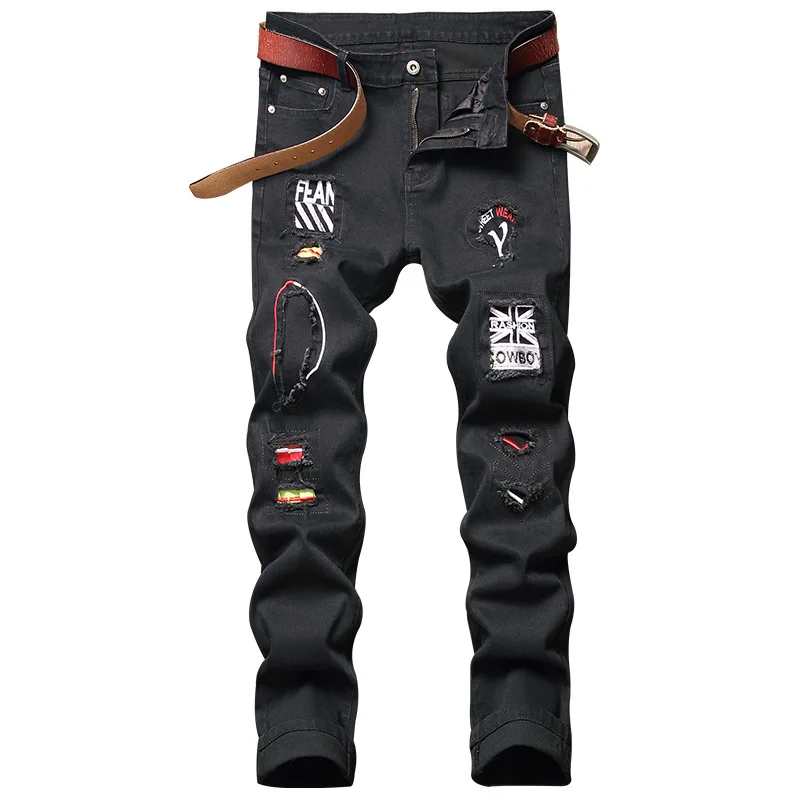 Four Seasons Men's Jeans Embroidered Print Frayed Hole Skinny Jeans Men Slim Trousers Fashion Streetwear Mens Ins Hot Sale JEANS