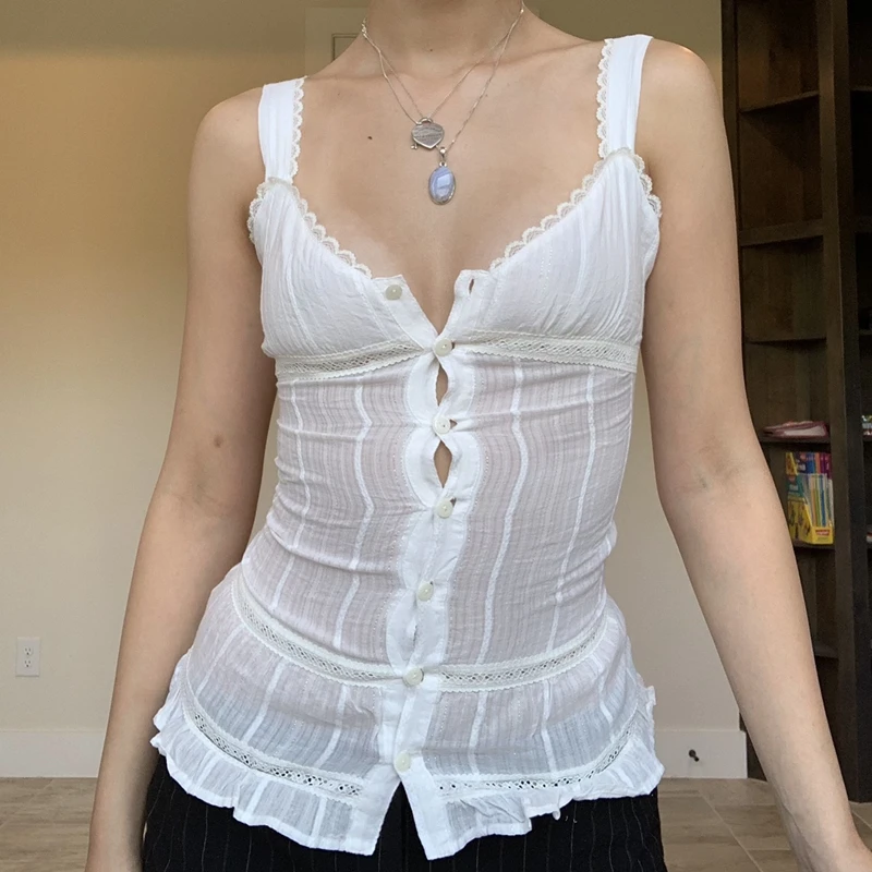 

90s Vintage Lace Trim V Neck Camisole Sexy Button Transparent Skinny Milkmaid Top Y2K Fairycore Retro Cropped Women Streetwear