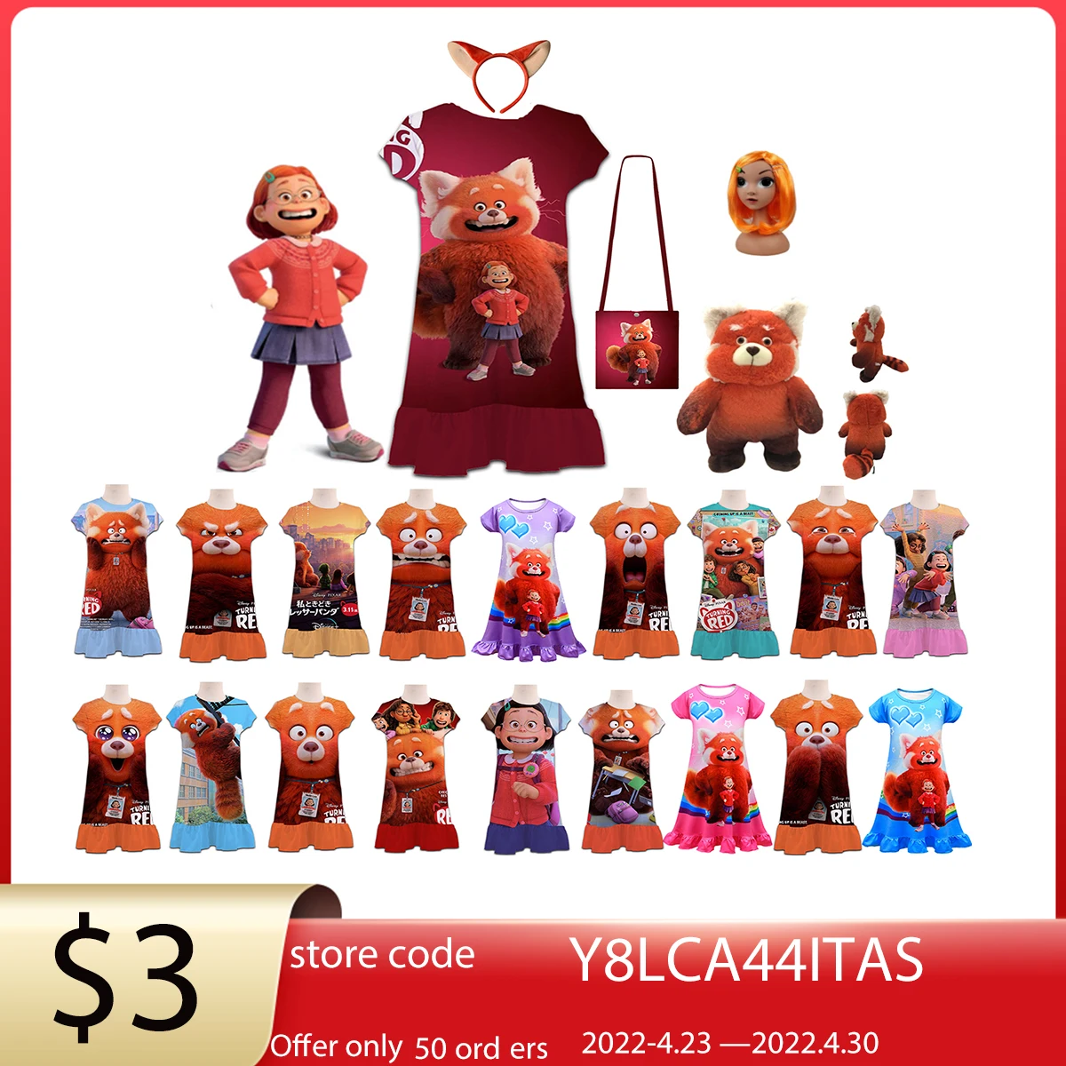 

Disney Turning Red Costume Charm Panda Bear Kids Girl Princess Dress Cosplay Mei Red Carnival Birthday Party girls Dress Costume