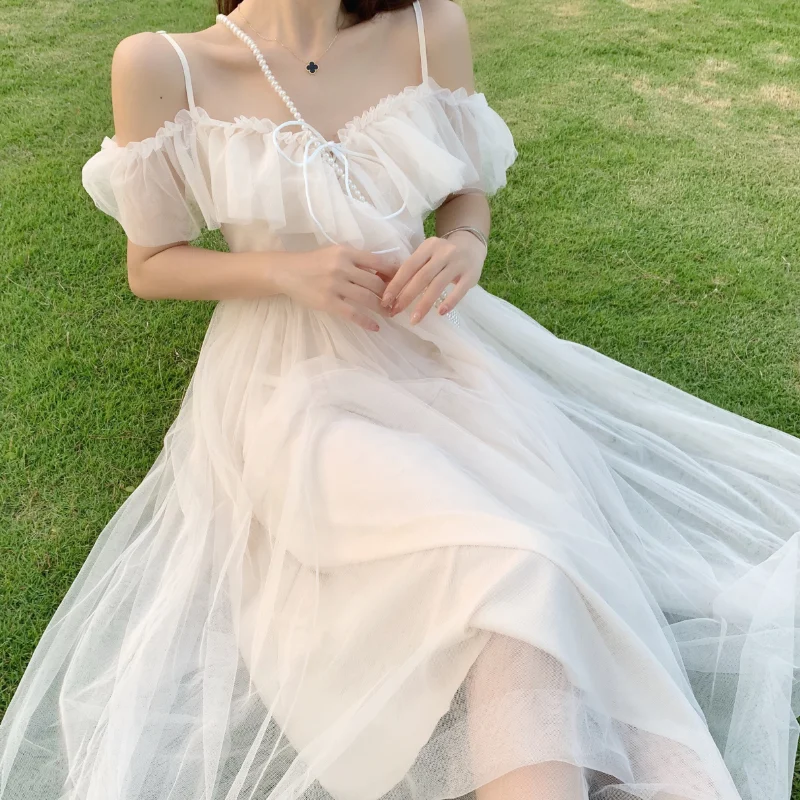 

Bella Philosophy Lolita Style Mesh Ruffles Slash Neck Off Shoulder Lace Up Women Summer White Dress Spaghetti Strap Dresses