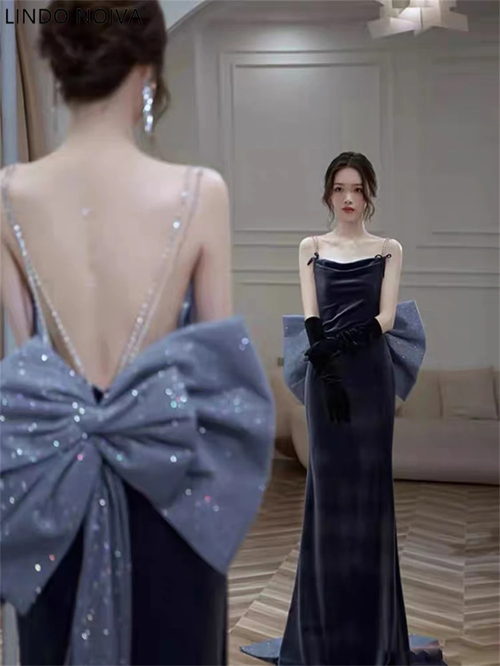 

Haze Blue Velvet Prom Evening Dress Mermaid Rhinestones Spaghetti Strap Sleeveless Back Bow Elegant Sweep Train Celebrity Gowns