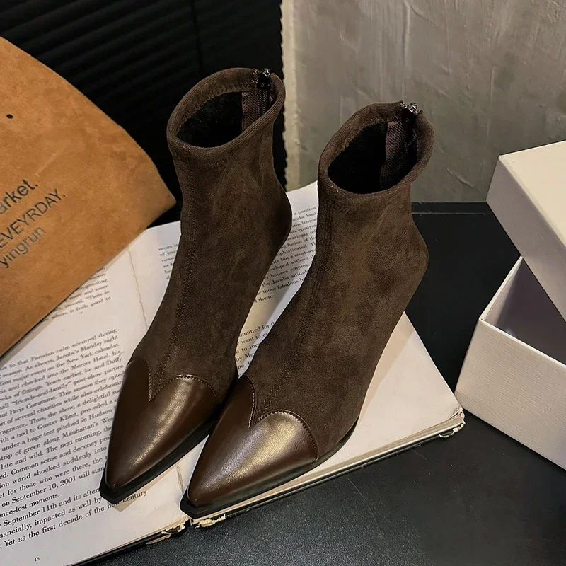 Winter New Style Pointed Toe Comfortable Stiletto Fashion Women's Boots Zipper Warm Suede Casual Non-slip Shoes