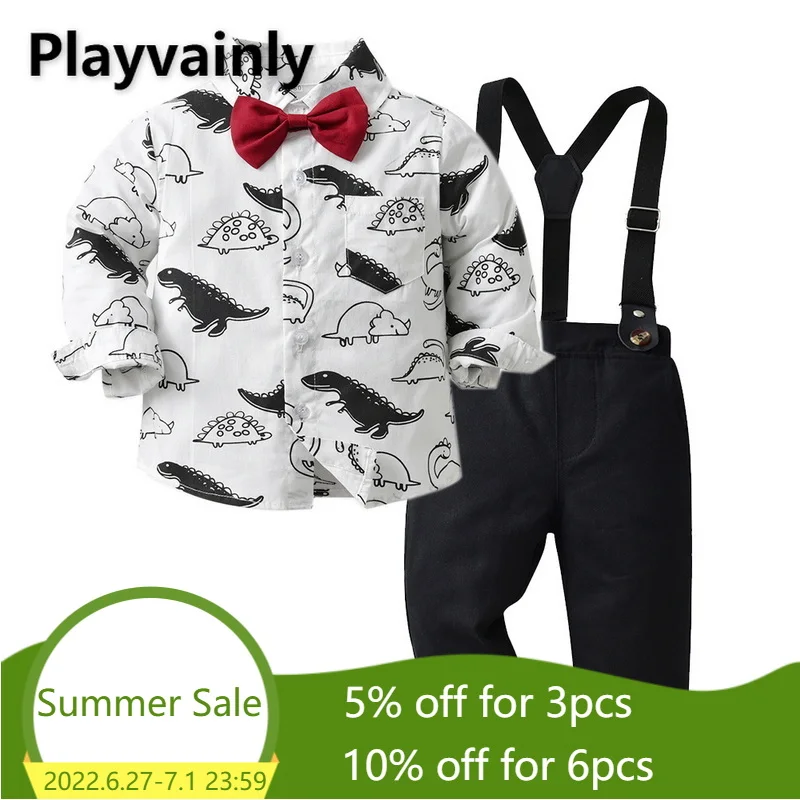 

2022 New Spring Boy 2-pcs Sets Long Sleeves Cartoon Dinosaur Single Breasted Shirts+Sling Pants Kids Gentleman Clothes E1734