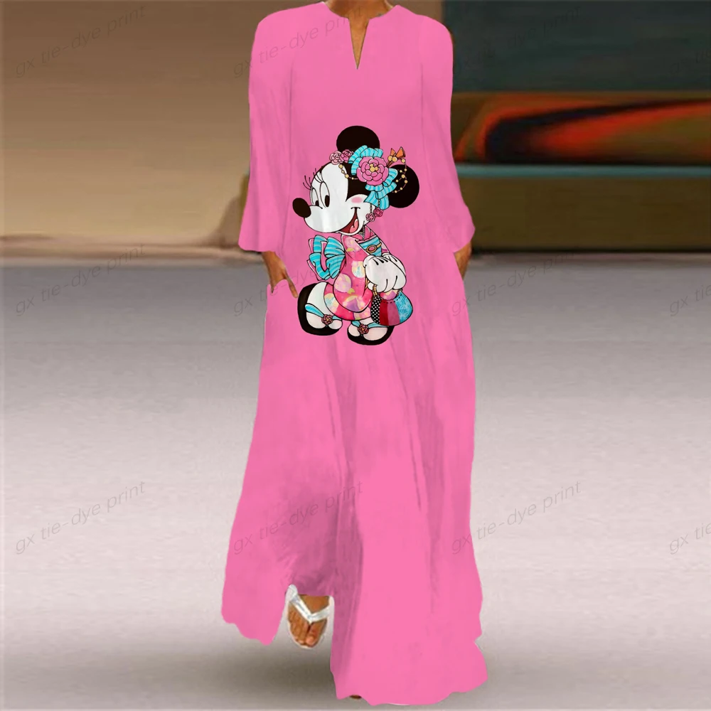 

Disney Minnie Print Cartoon Dress 2022 Long Sleeve V-Neck Casual Breathable Dress Women Elegant Girls Fall Dress Women