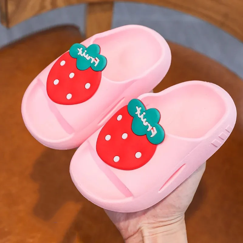 Children Bathroom Slippers Girls Summer Cartoon Strawberry Pattern House Shoes PVC Non-slip Baby Boy Home Slippers Kids Size 35