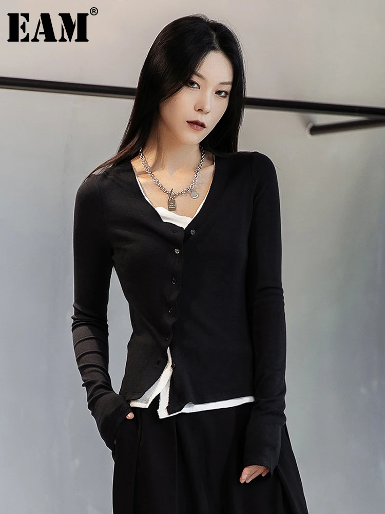[EAM] черно-белый тонкий вязаный кардиган свитер свободный крой v-образный вырез