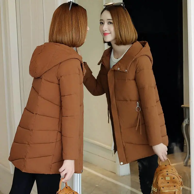 

2022 Loose Hooded Cotton Padded Coat Mid-length Overcoat Women Keep Warm Thick Parka Basic Solid Outwear Top Snow Jacket T09