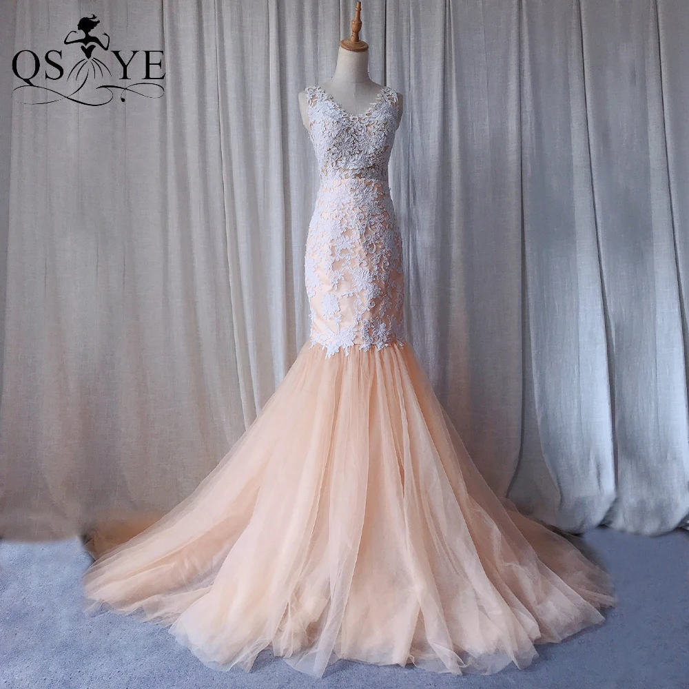 

Champagne Tulle Evening Dresses Lace Appliques Mermaid Prom Gown V Sweep Train Elegant Illusion Back Tulle Formal Party Dress