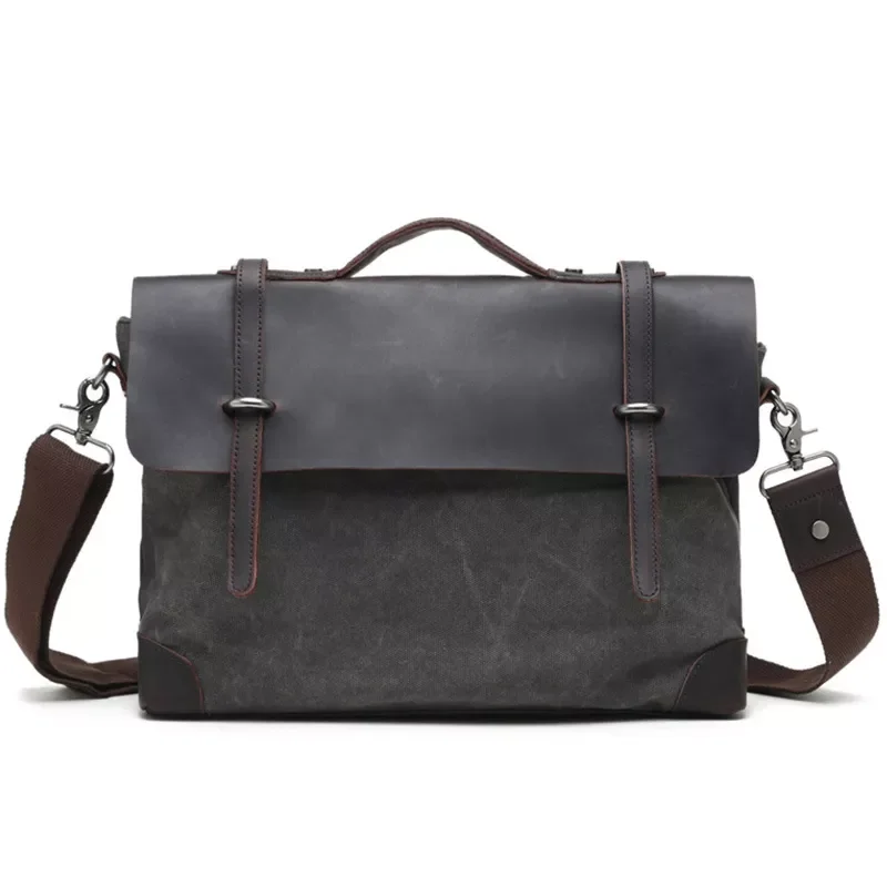 

2022 Laptop Bag For Macbook Waterproof Messenger Bag Men Canvas Military Oil Canvas Shoulder Bag Genuine Leather Laptop Bag